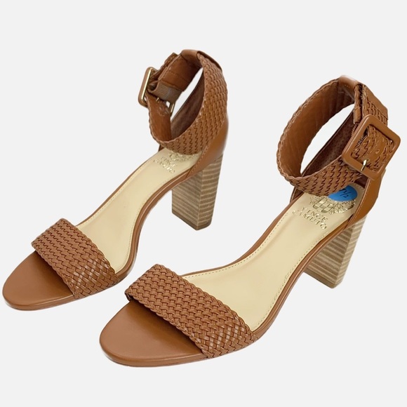 Vince Camuto Maghen Sandals 7.5 Braided Strappy Open Toe Block Heel Cognac - Picture 3 of 12